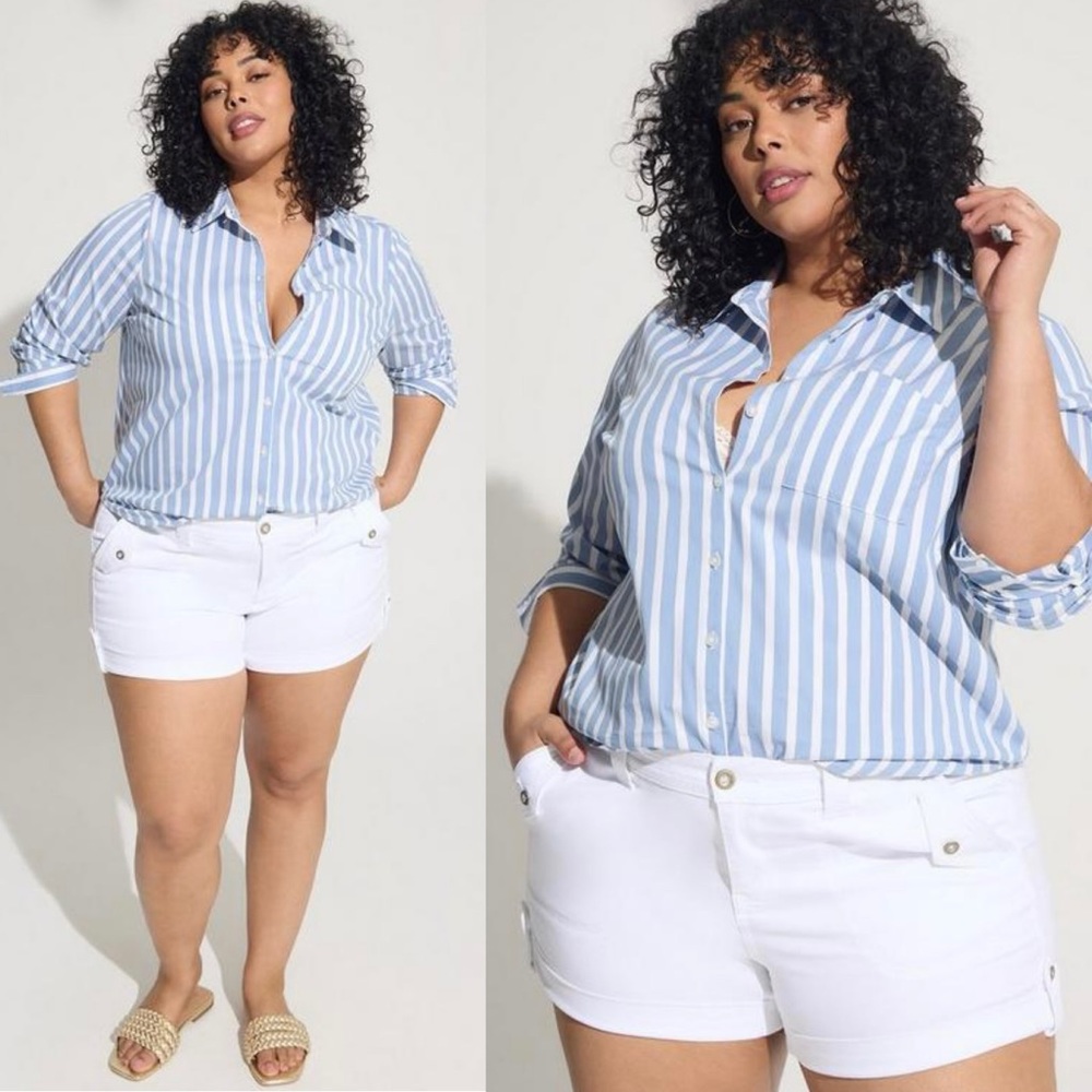 NEW! TORRID Madison Poplin Button-Up Long Sleeve Shirt 2X Stripe Blue White